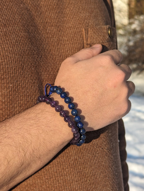 A Man Wearing Amethyst Bracelet And Lapis Lazuli Bracelet